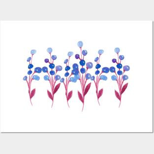 Blue and Red Watercolor Wild Flower Posters and Art